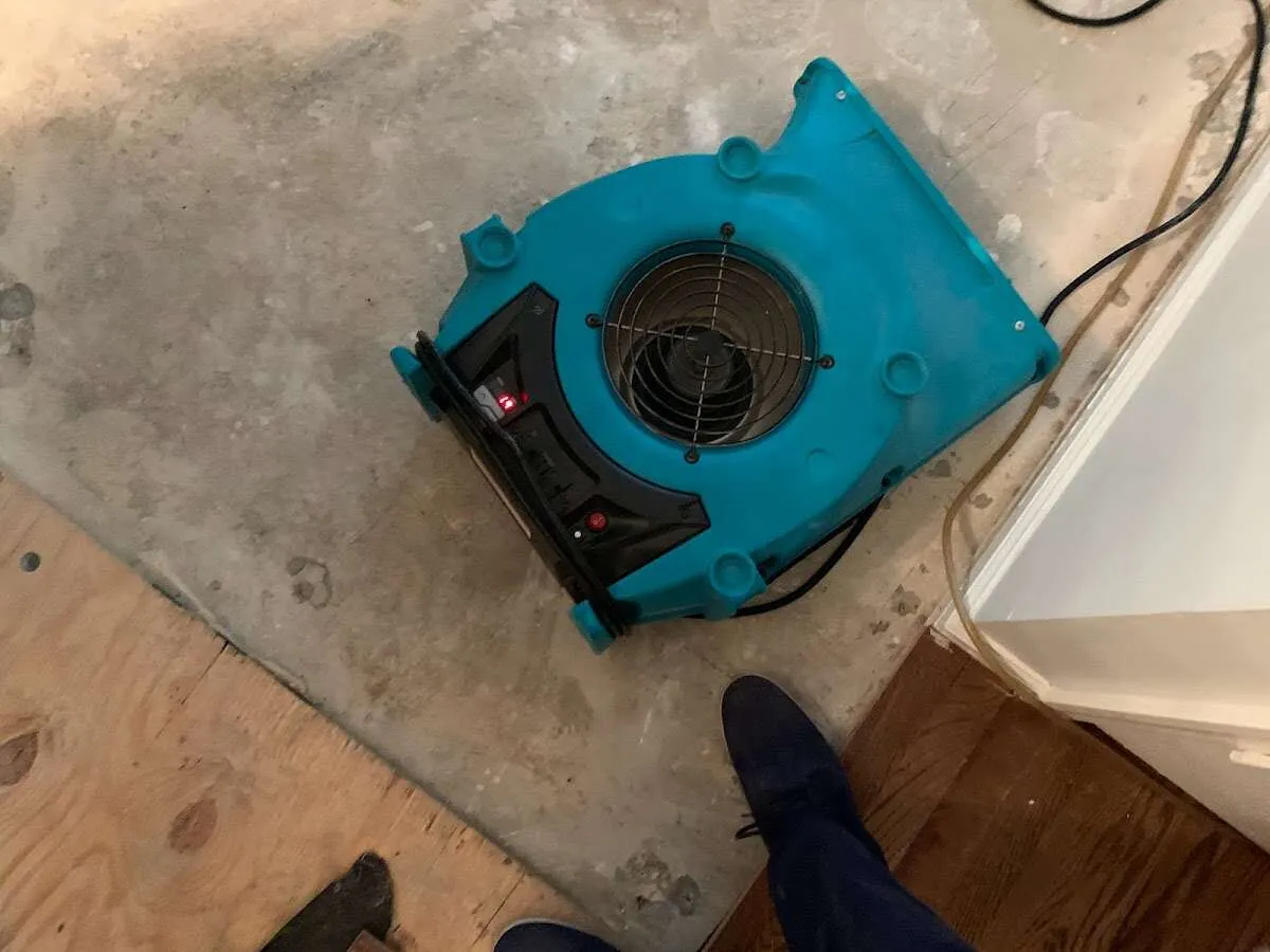 Air mover drying subfloor during Commercial Water Damage Restoration in Ionia